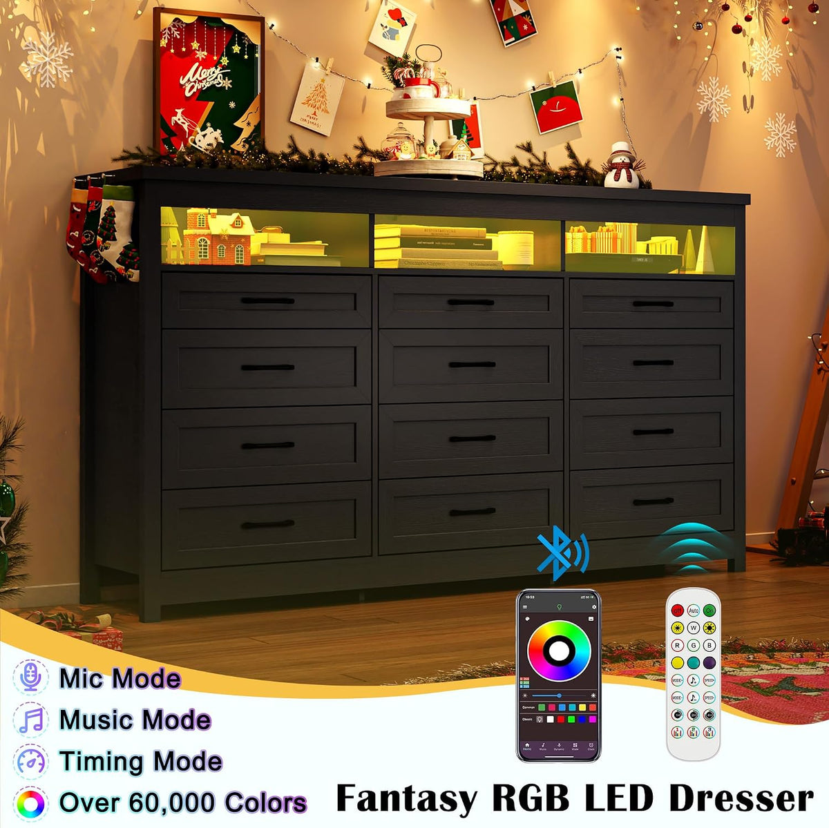 Hlivelood Farmhouse 12 Drawer Dresser with LED Lights, 71" Wide Large Chest of Drawers for Bedroom, Modern Wood Dresser Storage Organizer with Charging Station for Living Room, Bedroom, Hallway, Black