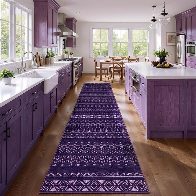 SERISSA Hallway Runner Rug, 2x10 Washable Non-Slip Purple and White Runners