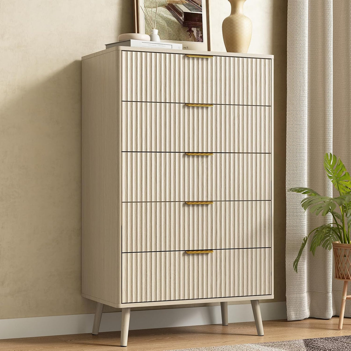 CARPETNAL Fluted 5 Drawers Dresser for Bedroom, 45" Tall Wooden Chest of Drawers with Rounded Corners, Gold Handles, Modern Storage Organizer for Bedroom, Hallway (Beige)