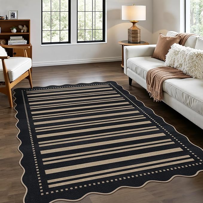Striped Easy Jute 4x6 Outdoor Patio Rug, Washable Indoor Outdoor Black Kitchen
