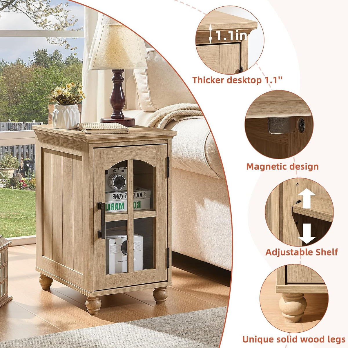 RWYHG Narrow Side Table, Farmhouse Nightstand with Charging Station