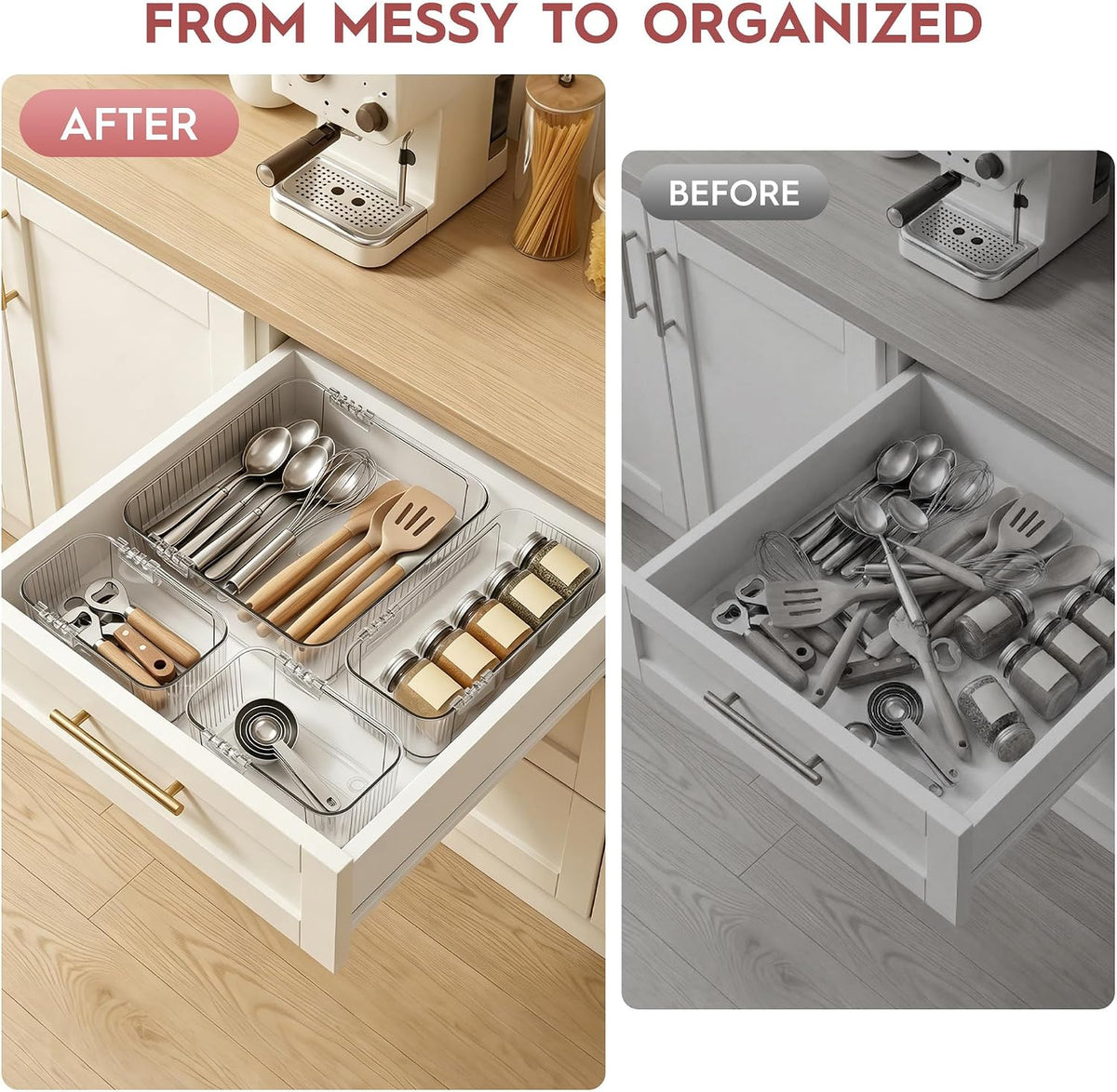 4-Piece Expandable Drawer Organizer Set, Clear Adjustable Drawer Organizer Trays, Multi-Size Storage Bins for Kitchen, Bathroom, Makeup, Desk and Office, Durable PET
