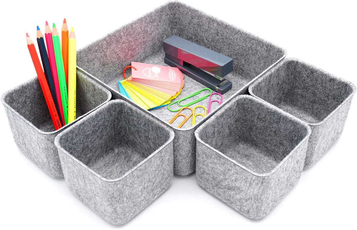 Welaxy Desk Organizers Storage bins Set Office Drawer Organizers Pen holder pencil cup phone stand sticky note storage Closet Cabinet boxes Organizing 5-piece Pack (Gray)