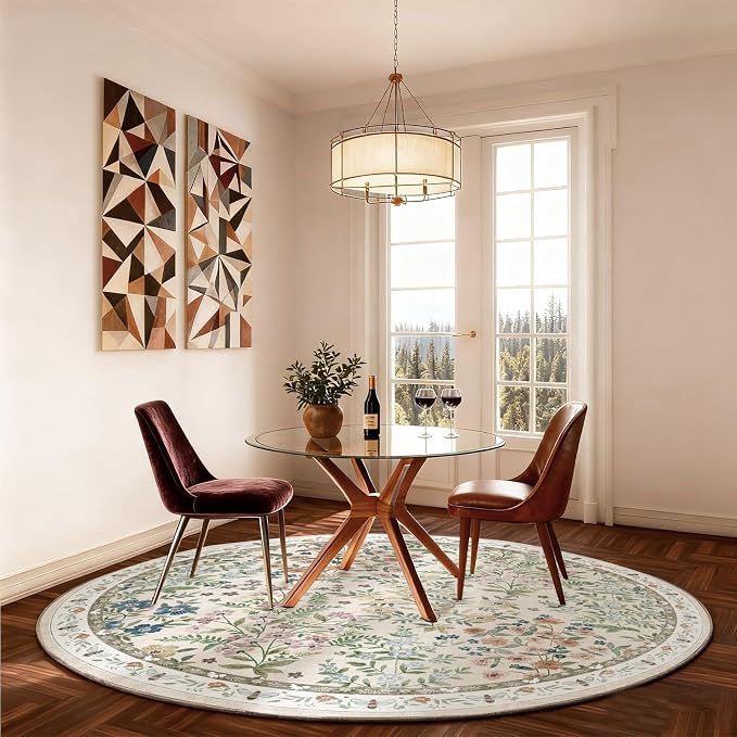 Washable Round Rugs for Bedroom 4ft: Living Room Rug Stain Resistant Non Slip