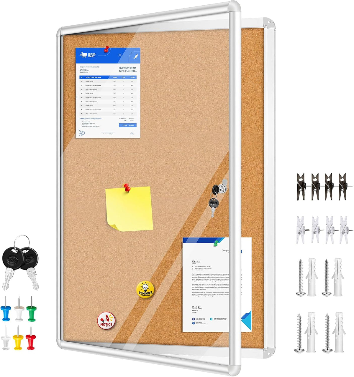 36"x24" Enclosed Bulletin Board Tamper-Proof Dispaly Case, Aluminium Frame, Shatter Resistant Lockable Bulletin Board, Lockable Bulletin Board for School, Office, Commercial, Hospital etc