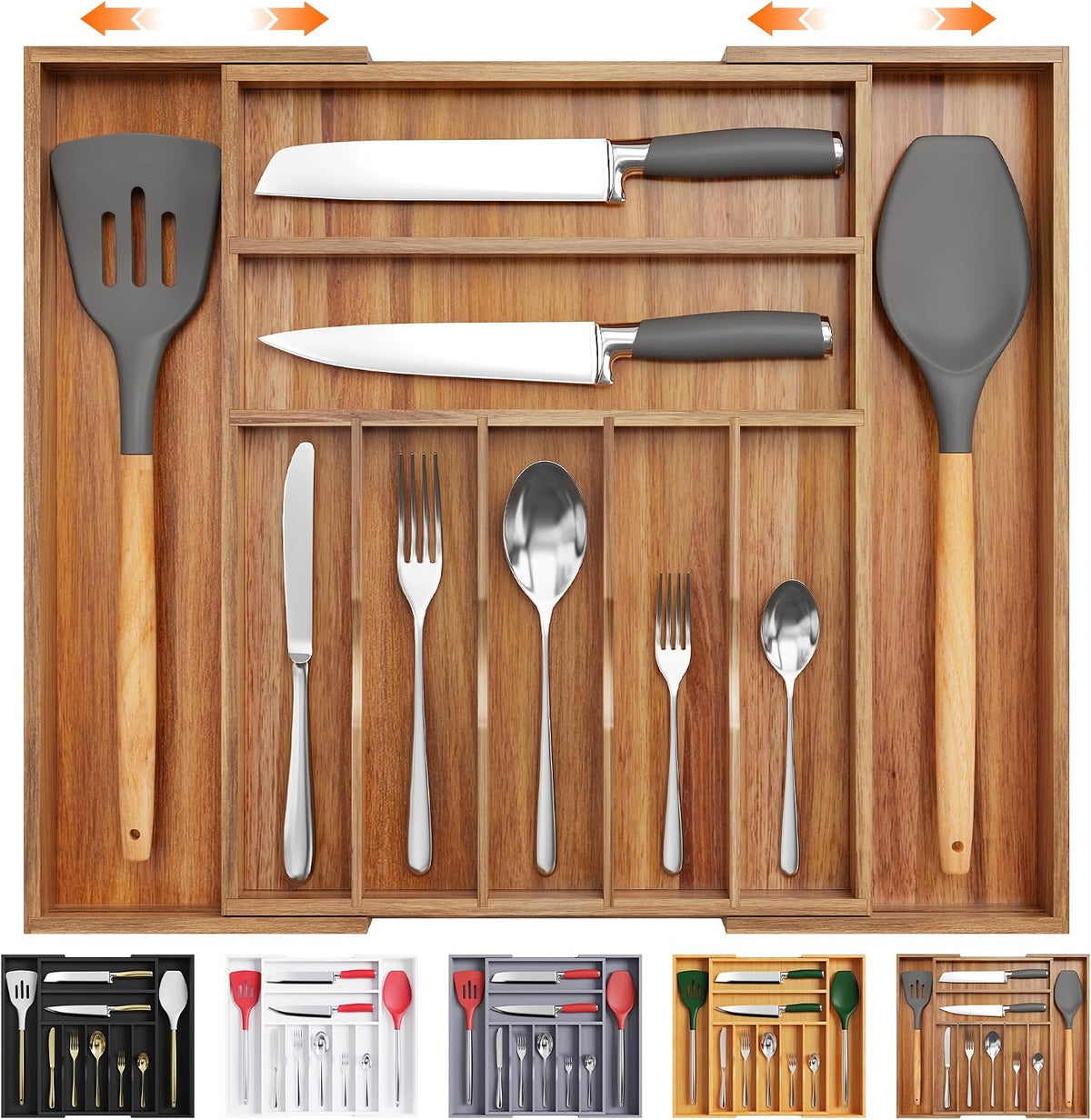 Bellsal Acacia Silverware Organizer Kitchen Drawer Organizer Expandable Bamboo Utensil Holder Cutlery Tray for Kitchen Utensil and Flatware Bedroom Office