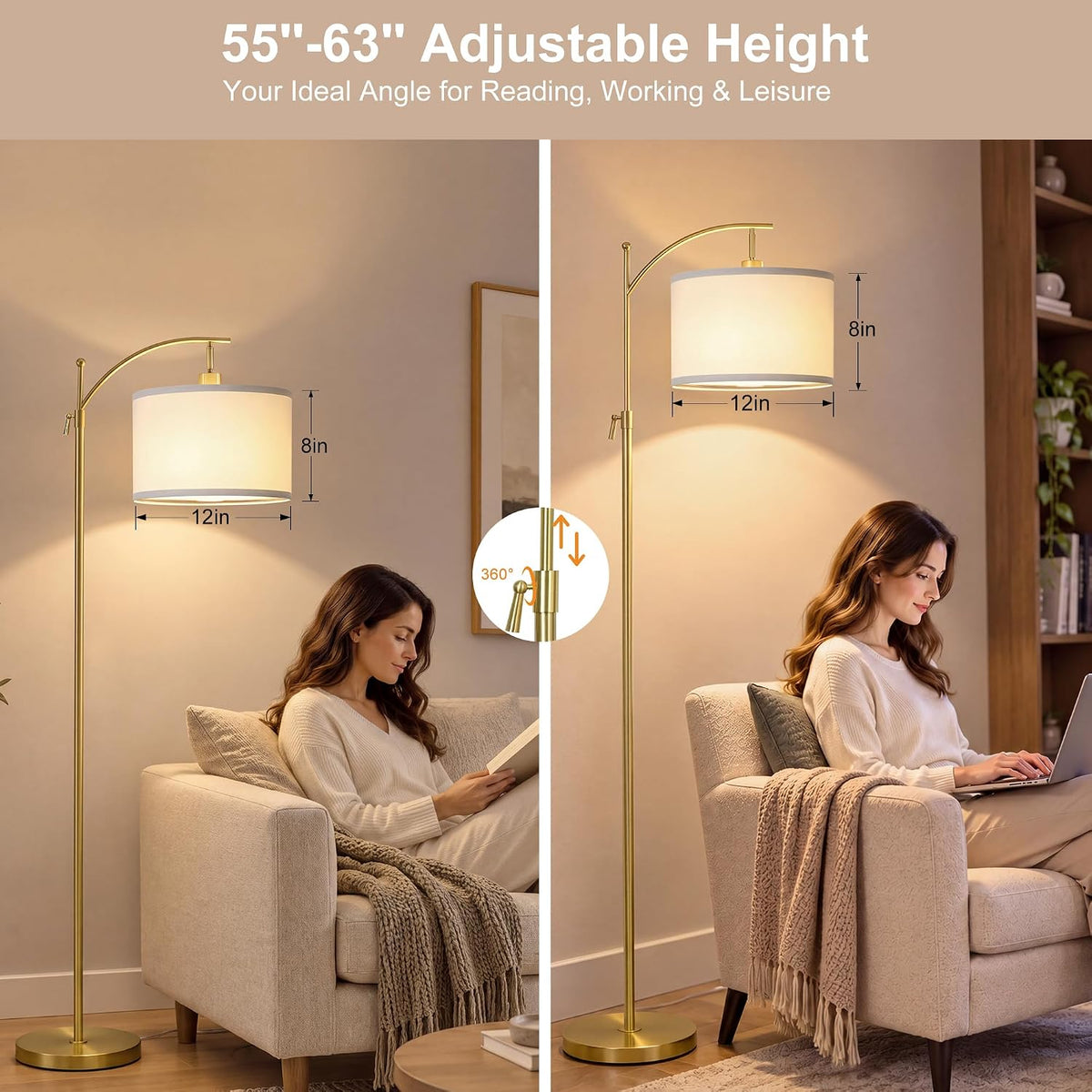 Upgraded Gold Arc Floor Lamp Adjustable Height 55-63in, 3 Color 9W LED Bulb