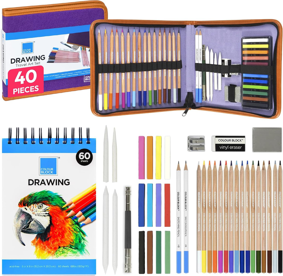 COLOUR BLOCK 40-Piece Drawing Travel Art Set – Portable Sketch and Drawing Art Kit with 16 Colored Pencils, 12 Soft Pastels, 2 Sketching Pencils, 6 Tools, Pad, Zip Case for Beginners, Artists, Adults