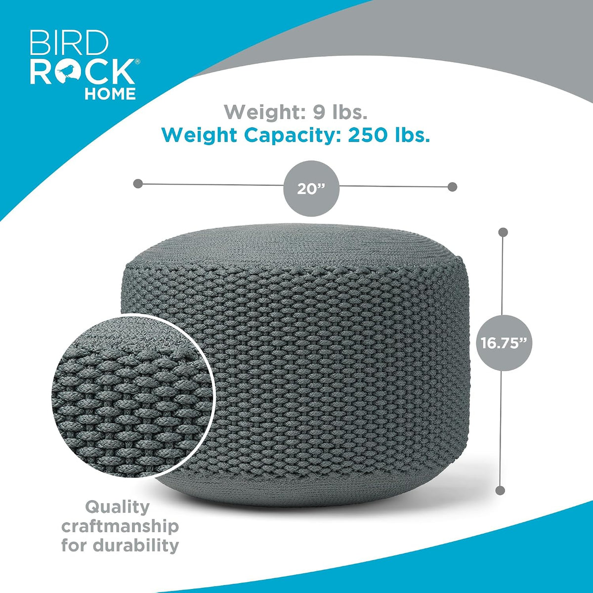 BIRDROCK HOME Indoor Outdoor Pouf Ottoman Foot Rest, Mist, 20”x20”x16”