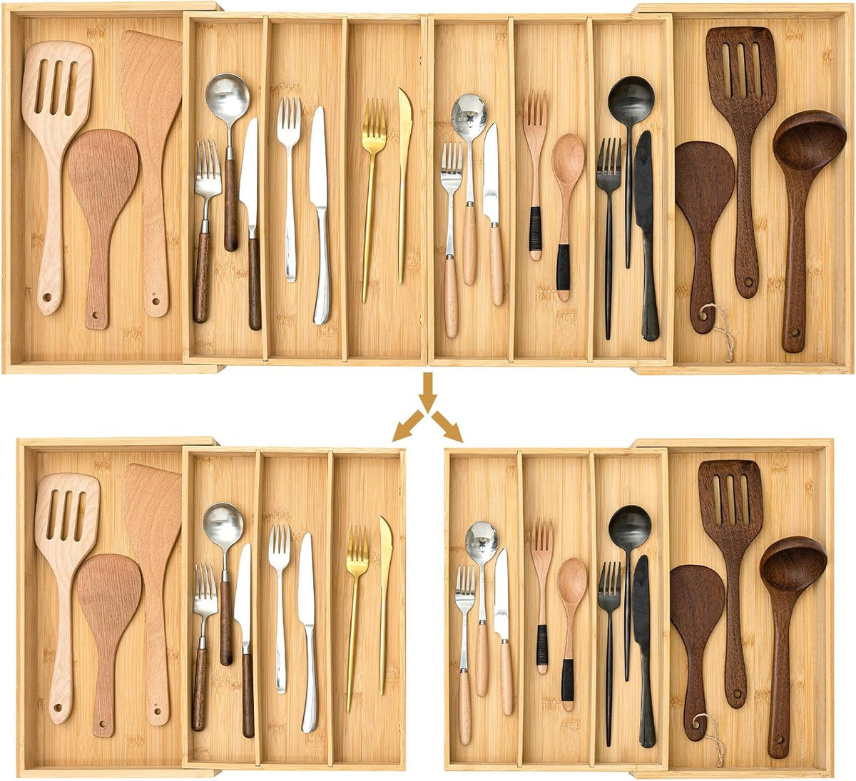 Kathfly Extra Large Drawer Organizer Kitchen Utensils Expandable 21.4 to 36 Inches Wid, Adjustable Bamboo Silverware Tray Cutlery Utensile Flatware Organizer Holder Drawer Divider for Spoons and Forks