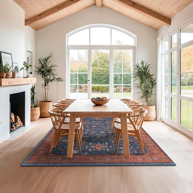 Navy Blue Large Area Rugs 8x12 Living Room, Geometric Floral Rugs