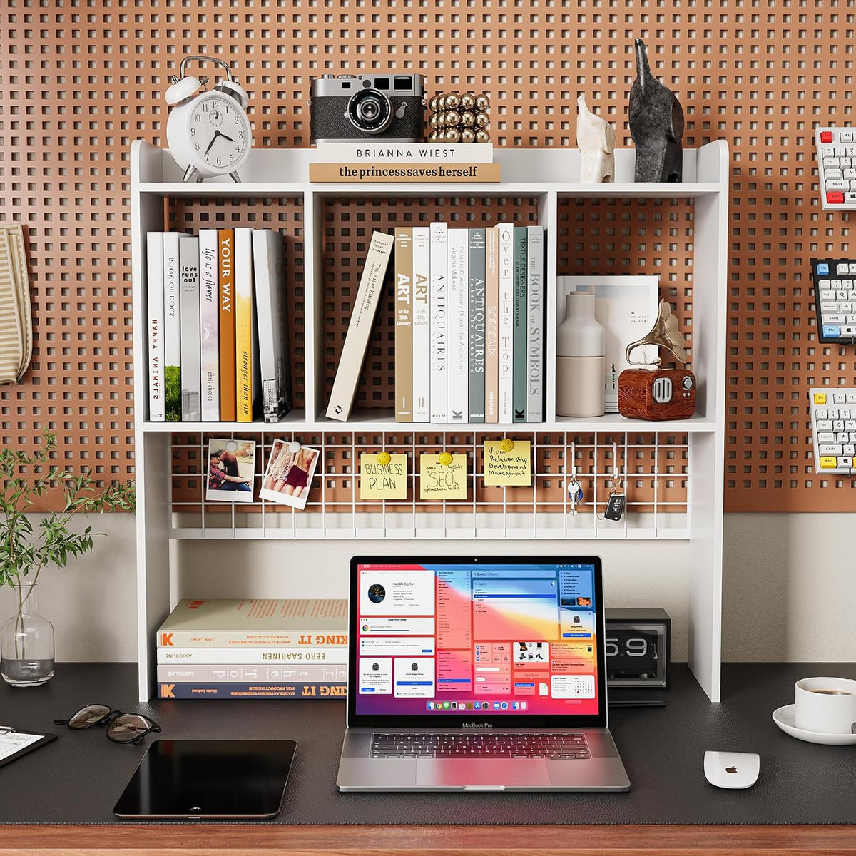 Desktop Bookshelf,Desk Hutch with 3 Shelves for Computer,White