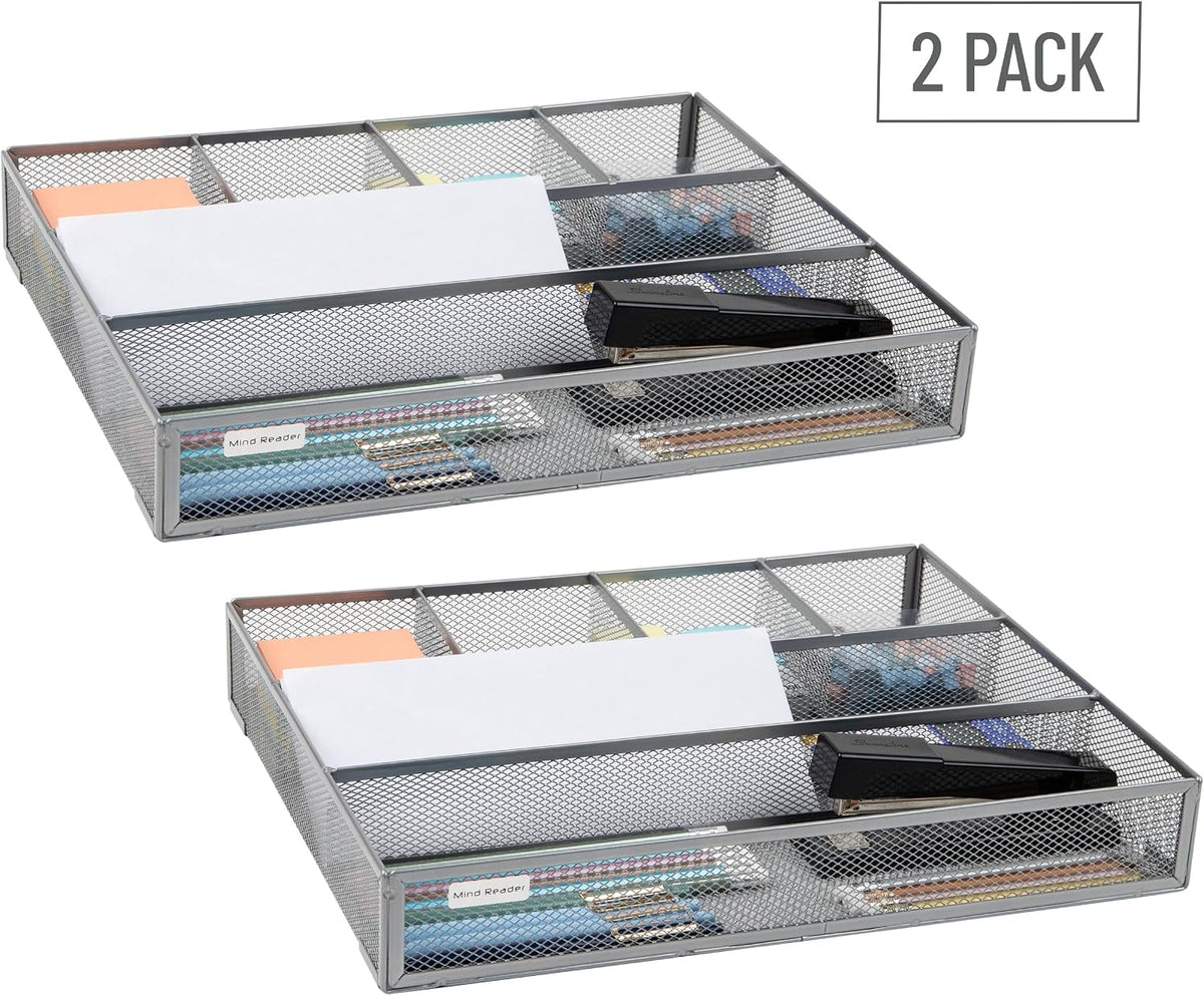 Mind Reader 6-Compartment Drawer Organizer, Metal Mesh Desk Organizer for Office, Kitchen, Utensils, Supplies, Set of 2, Silver