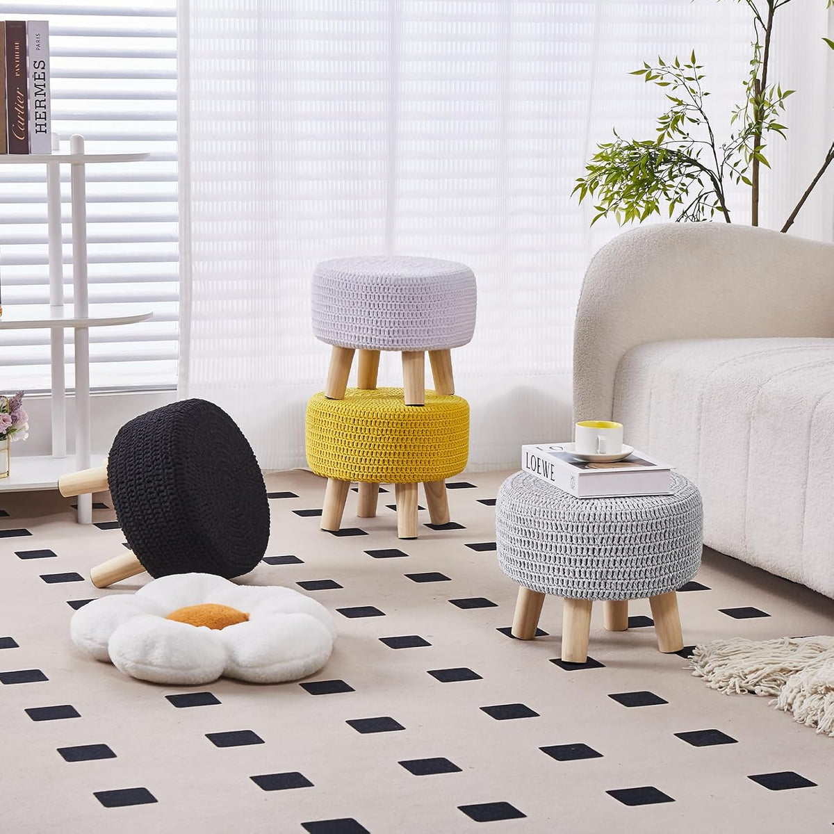 Wimarsbon Small Ottomans, 100% Hand Knitted Pouf Ottoman, Round Footrest with 4 Non-Skid Wood Legs, Boho Décor Cotton Rope Pouffe, Leisure Floor Step Chair for Living Room (Black)