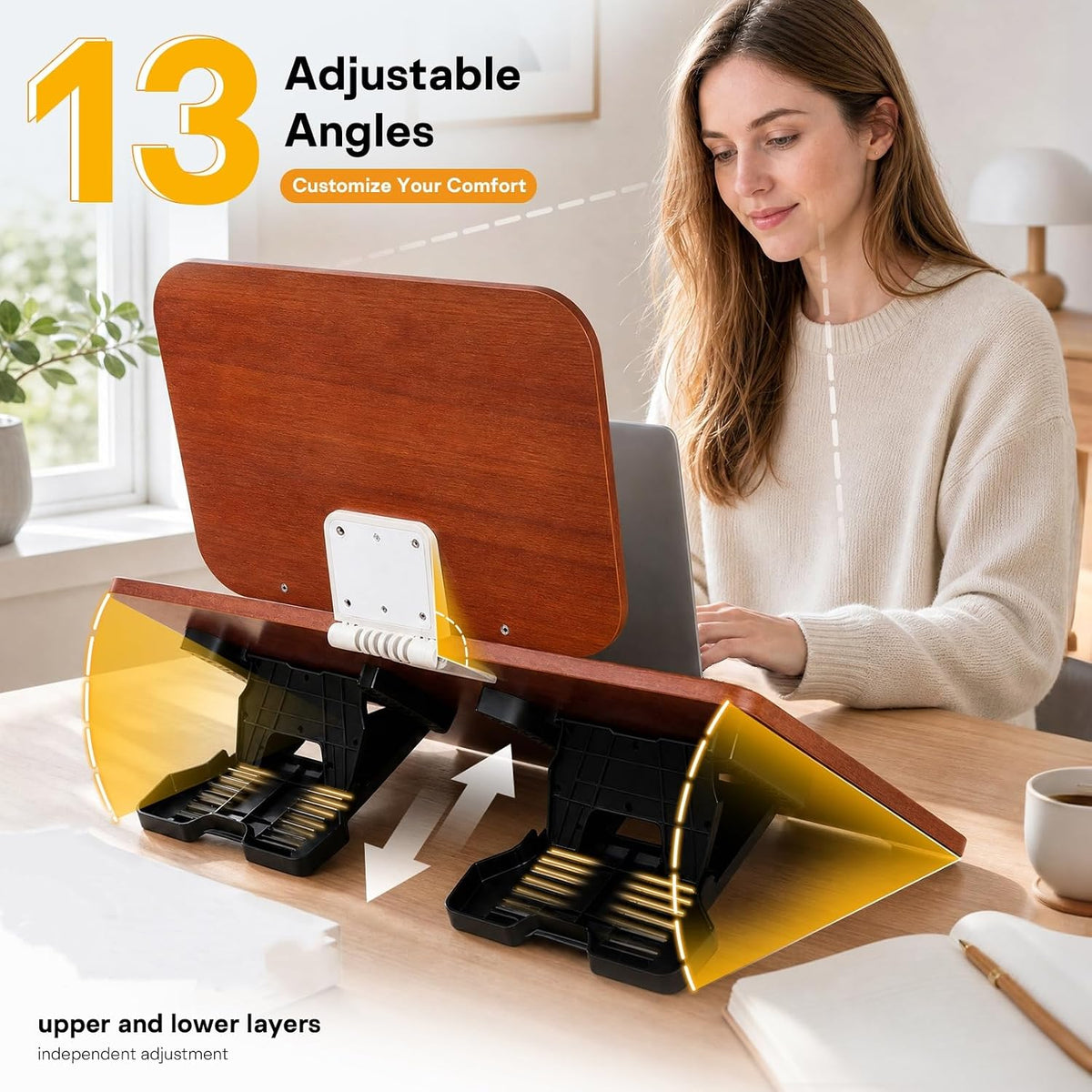 20" x 14" Bamboo Slant Writing Board, Double-Layer Book Stand with 13 Angles, Hands-Free Desk Reading Holder for Students & Office
