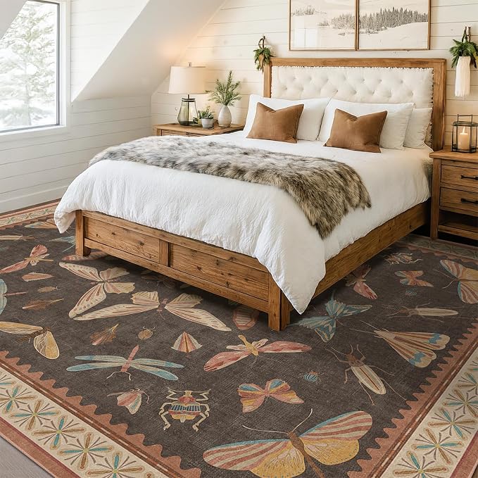 Brown Large 8x10 Living Room Area Rug, Unique Washable Insect Rugs