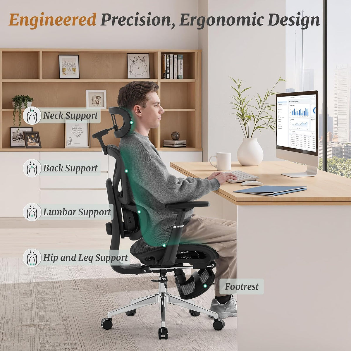 Cozyman Ergonomic Office Chair with Footrest - 5-Level Adjustable Lumbar Support & 90-135°Recline, 3D Headrest & 4D Armrests, Breathable Mesh Seat Computer Chair for Home Office, Gaming, Black