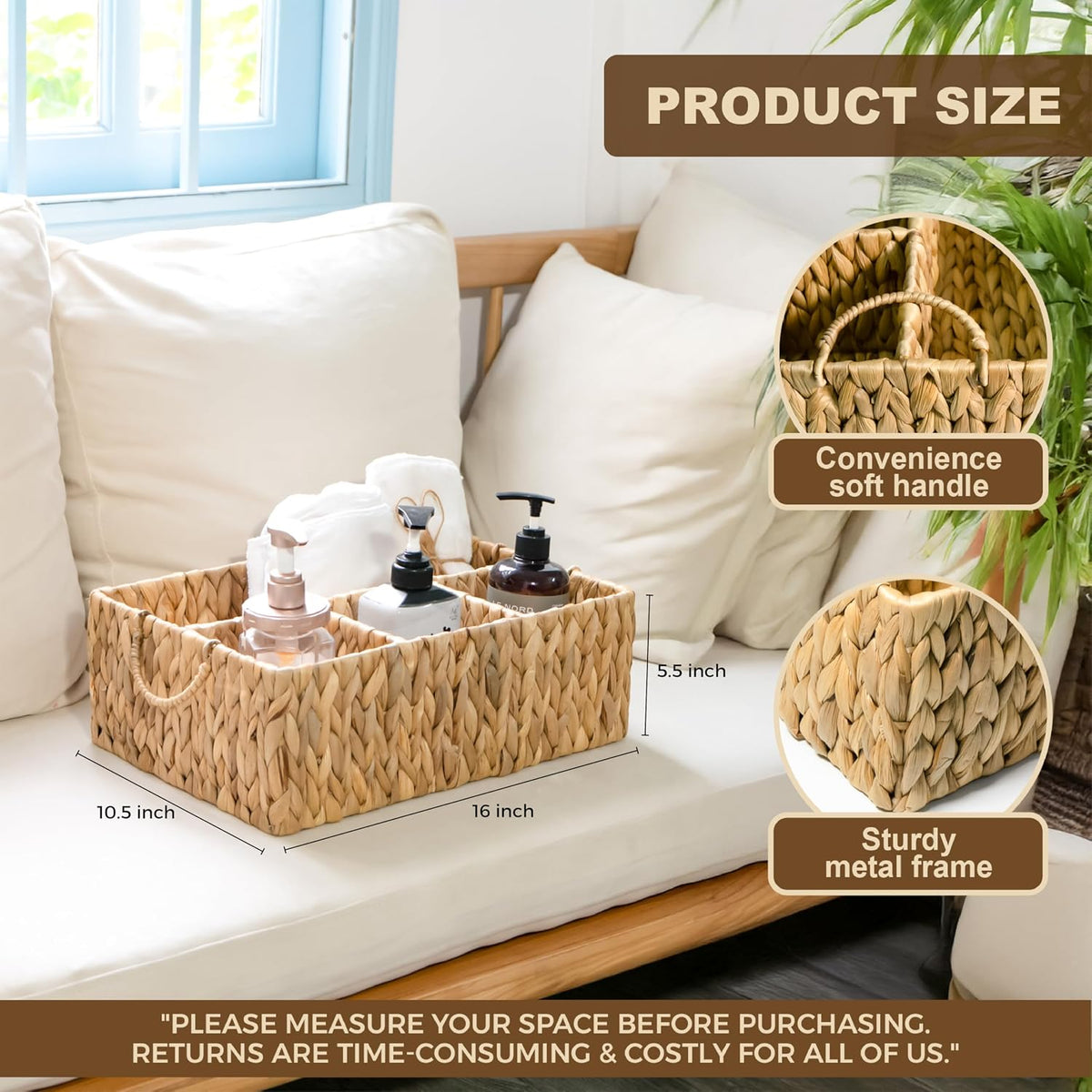 KOKODO Divided Storage Basket Woven Natural Basket Hyacinth for Organizing Bathroom Pantry Shelves Office Supplies Organization Everyday Wicker Storage Baskets 4 Section Rectangular Tray