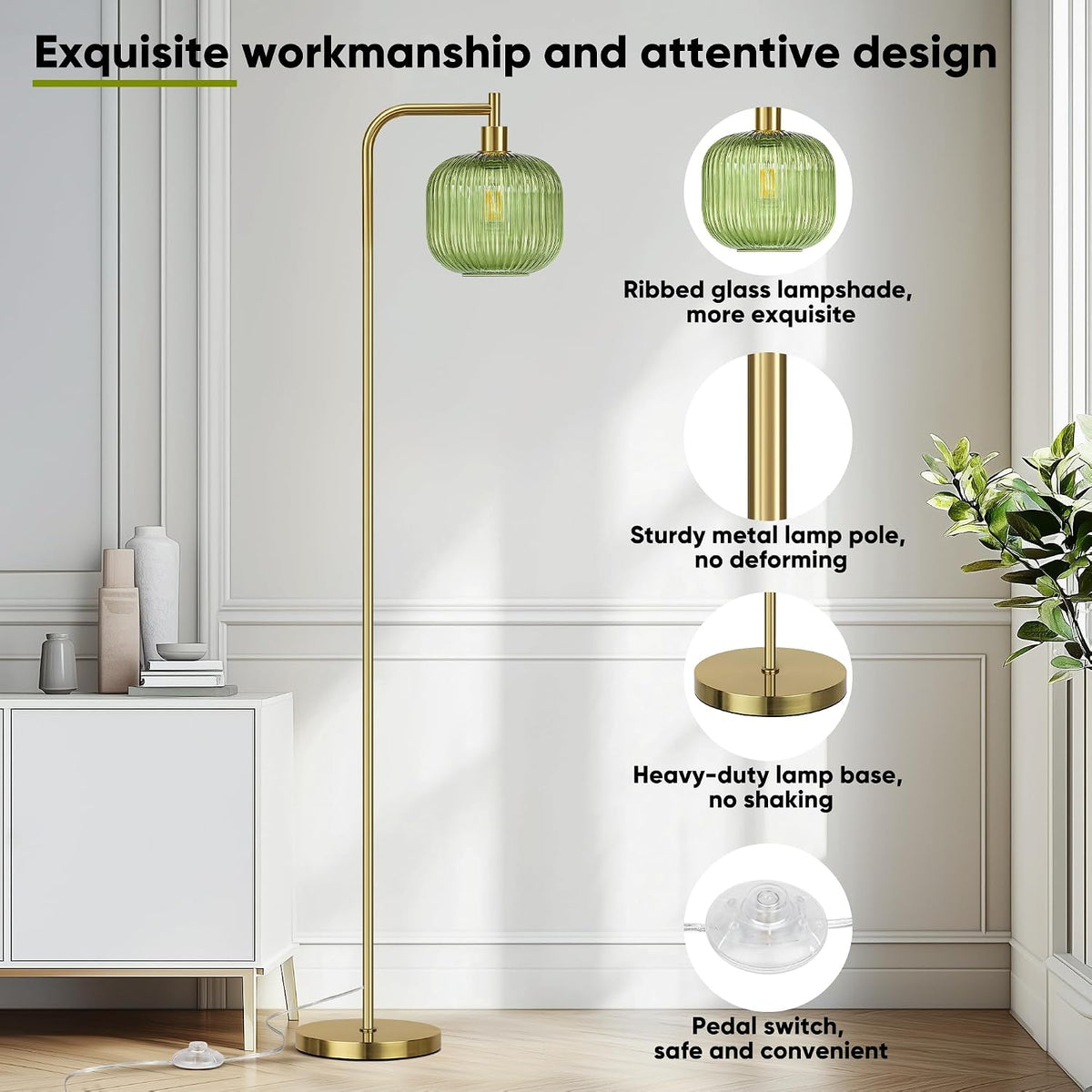 Modern Green Glass Floor Lamp for Living Room, Standing Lamp for Bedroom
