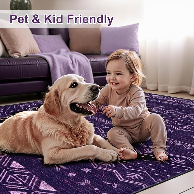 SERISSA 5x7 Area Rugs for Living Room, Washable Non-Slip Purple and White Boho