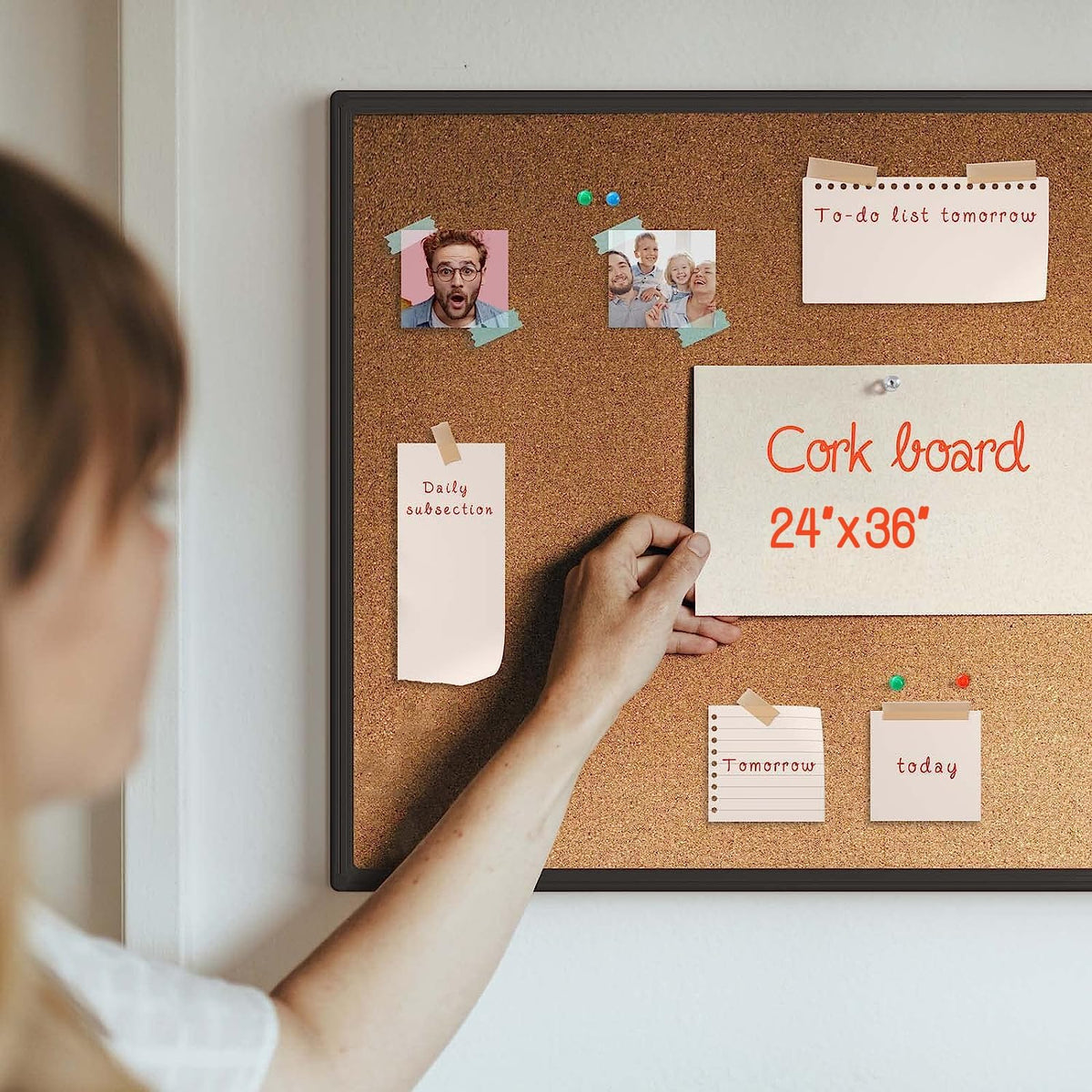 Cork Board Bulletin Board 24 x 36, Black Aluminium Framed 2 x 3 Corkboard, Office Board for Wall Cork, Large Wall Mounted Notice Pin Board with 16 Push Pins for School, Home & Office