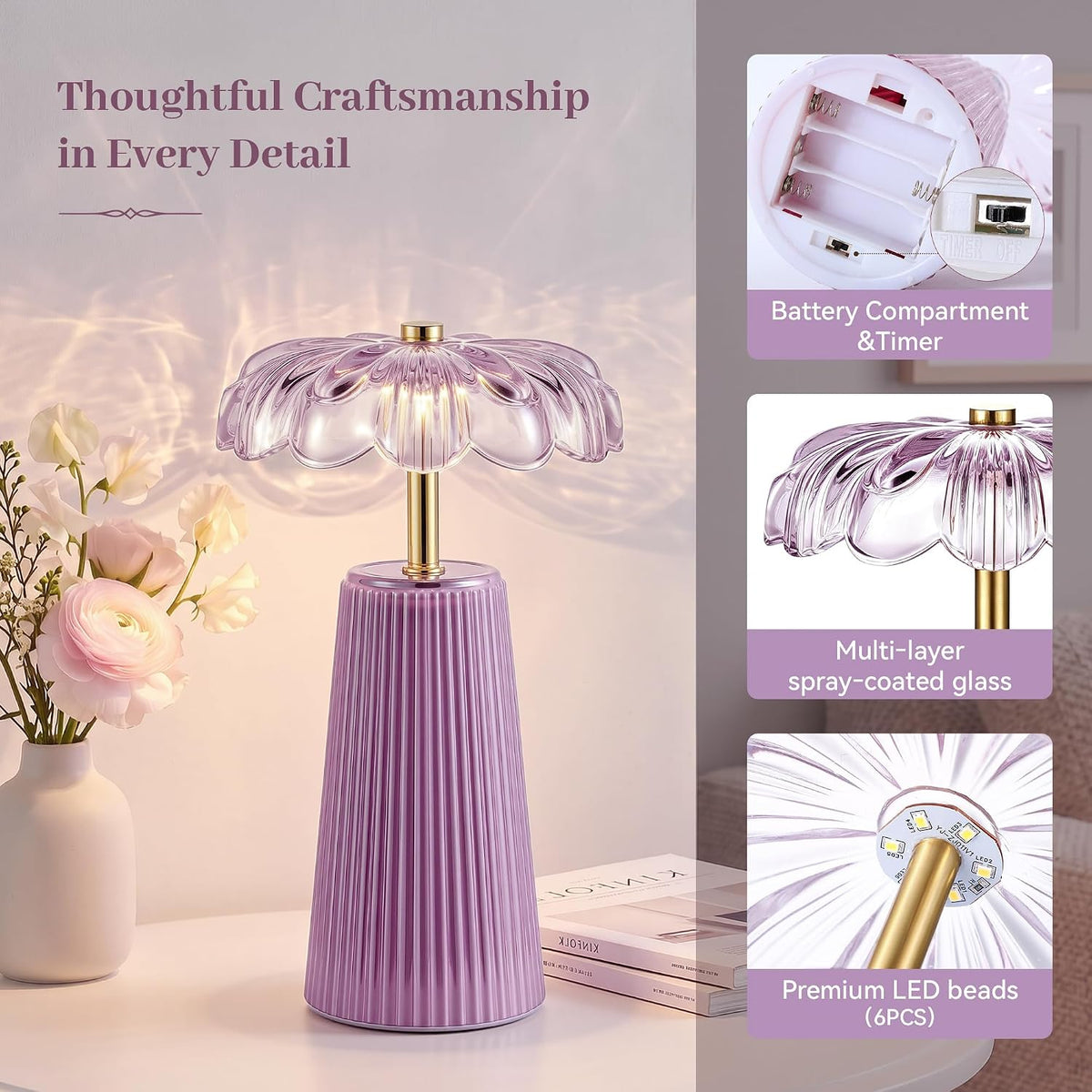 Battery Operated Lamp, Cordless Table Lamp with Timer, Purple