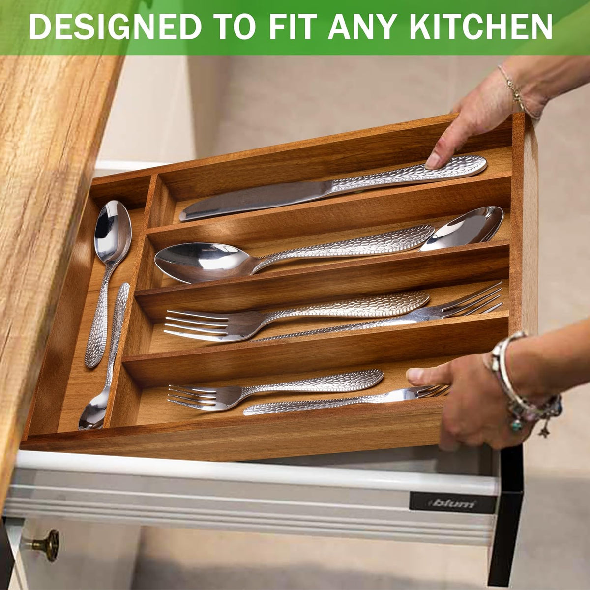 Greenual Acacia Wood Silverware Organizer 10 In Utensil Organizer Silverware Tray for Drawer Cutlery Flatware Organizer for Kitchen 2 Pack