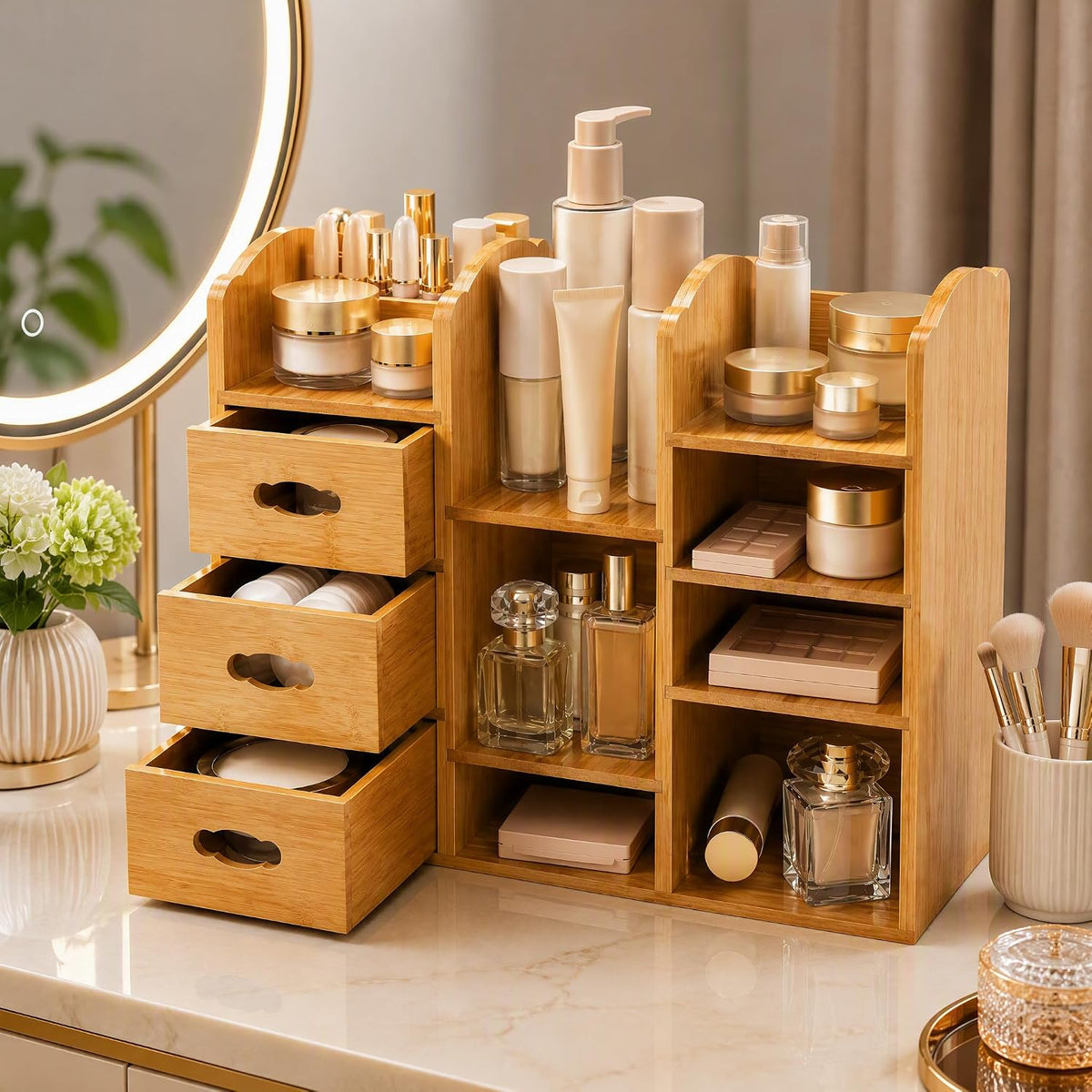 Coloch Bamboo Makeup Organizer with Drawers, Large Cosmetics Storage Shelf for Vanity Countertop Skincare Organizer for Desktop, Skincare, Beauty Supplies, Cosmetics Display, Stationery Storage