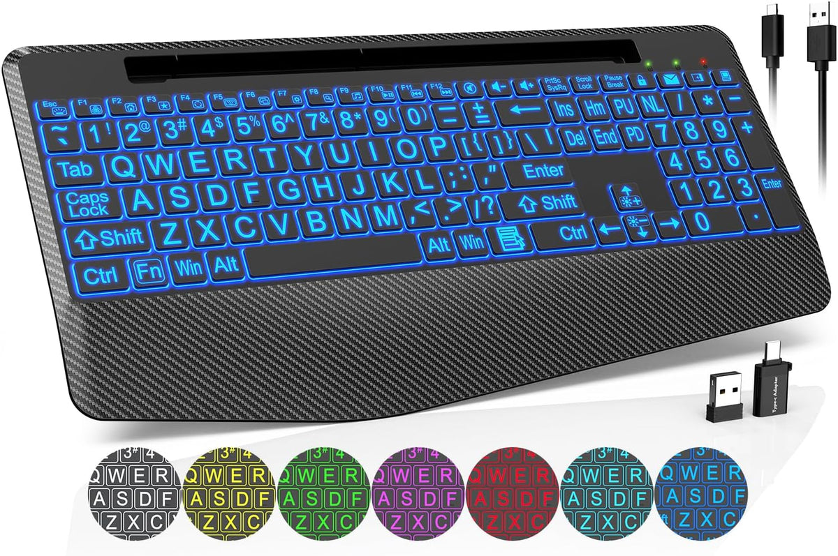 Wireless Keyboard, 7 Colored Backlits, Wrist Rest, Phone Holder-Large Print