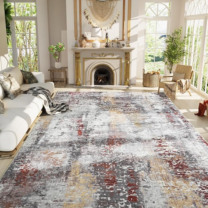 Living Room Rug 9x11 Beige Area Rugs Machine Washable Abstract Boho Large Rug