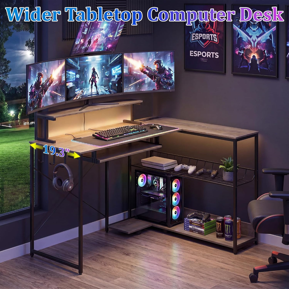 L Shaped Gaming Desk with Power Outlets & RGB LED Lights, 46" Corner Computer Table with Monitor Stand, Keyboard Tray, Storage Shelves & CPU Stand, Home Office Desk for Small Spaces, Grey
