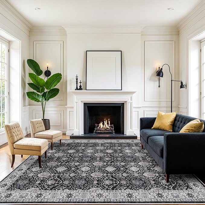 Washable 8x10 Living Room Rug: Vintage Low Pile Water Resistant Area Rug