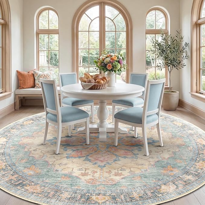 RELEANY Area Rugs Round 10ft Washable Non-Slip, Floral Vintage Distress
