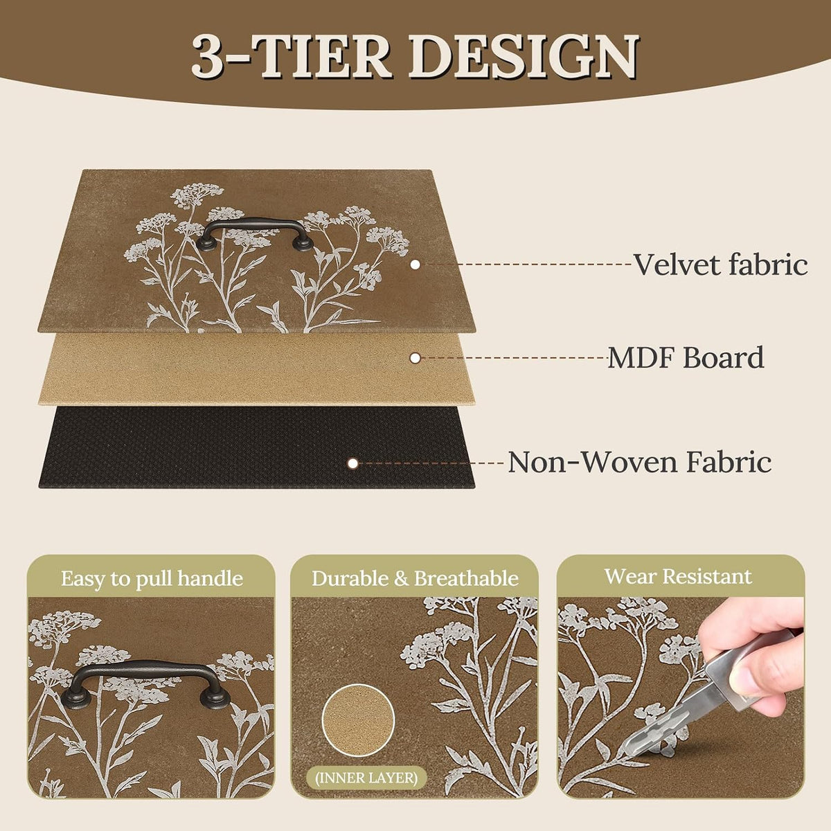 Tohomeor Vintage Dresser Vertical Nightstand with Neutral Botanical Plant Fabric Chest Drawers for Closet Bathroom Storage Tower Unit Bed Side Organizer Farmhouse Rustic (Rustic Brown, 6 Drawers)