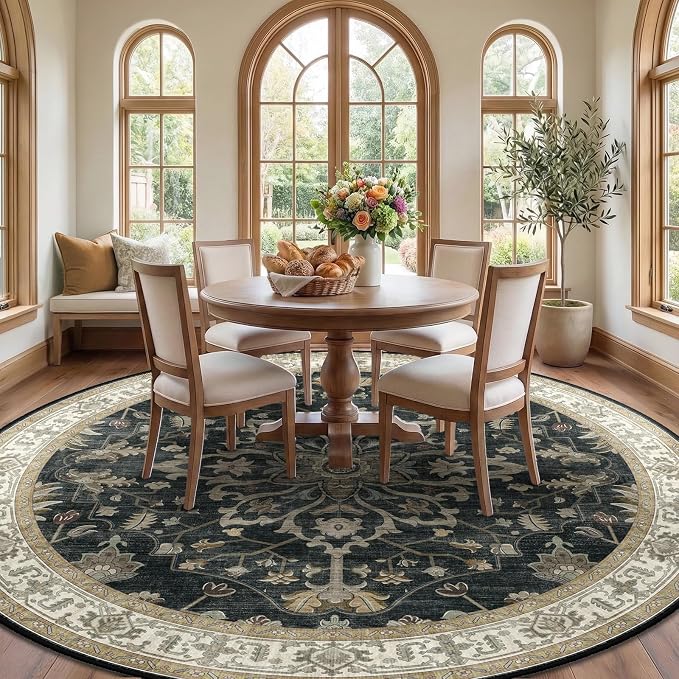 RELEANY Area Rugs Round 10ft Washable Non-Slip, Floral Vintage Distress