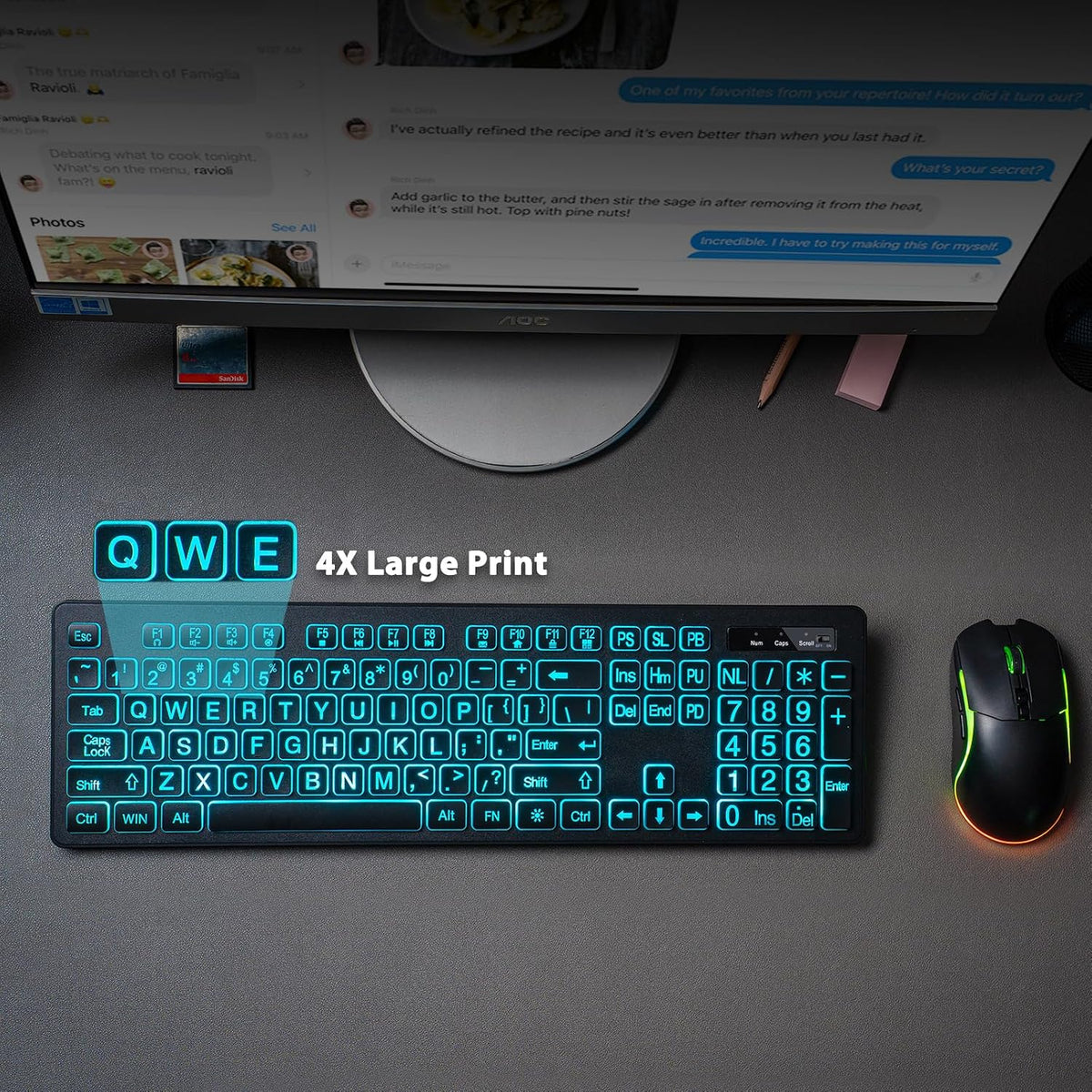 Light Up Keyboard and Mouse Wireless, Adjustable Brightness & Color, Rechargeable, Light Up Letters，2.4G USB Full Size Backlit Keyboard Mouse for Windows, PC, Laptop, Desktop, Gaming (Large Print)