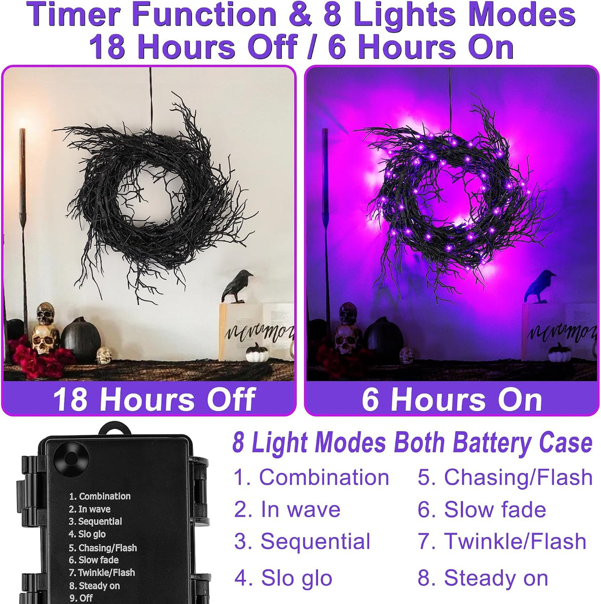 9 Ft 66 LED Willow Vine Twig Decor Black Halloween Garland with Purple Lights, Timer 8 Modes Waterproof Battery Operated Indoor Halloween Decorations for Wall Fireplace Mantle Home Office Party Decor