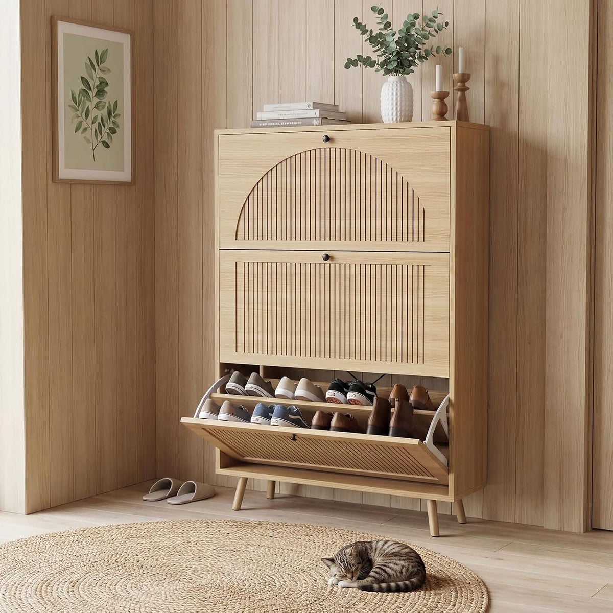 Shoe Organizer for Entryway, Fluted Shoe Cabinet with Flip Drawers, Oak