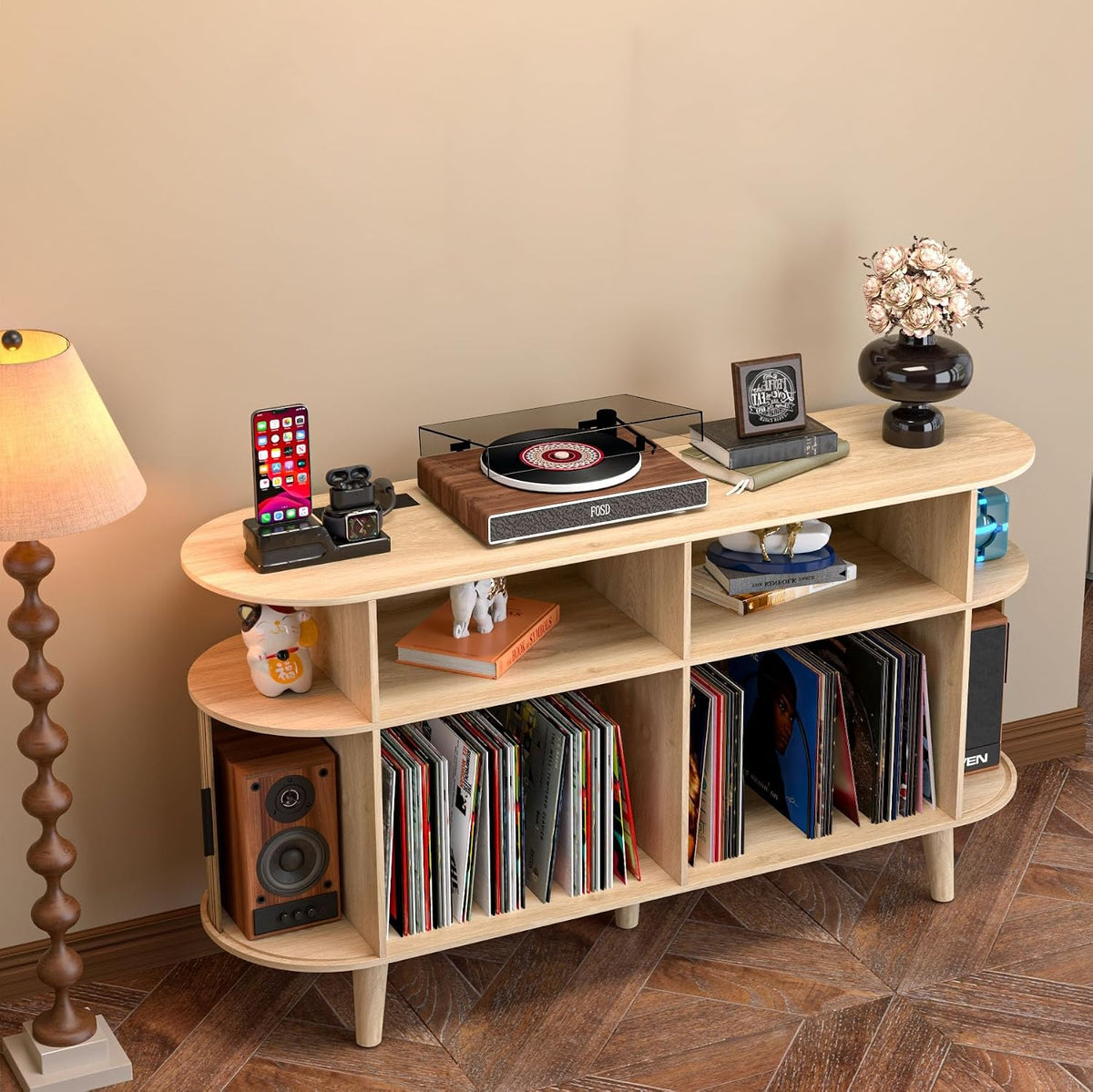 LUVIOHOME Large Round Record Player Stand with Charging Station & USB Ports
