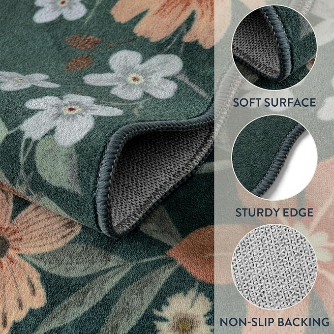 Lahome Floral Washable Living Room Rugs, 5x7 Green Area Rugs