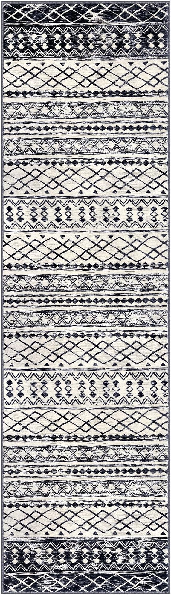 KUTA Moroccan Washable Runner Rug, 2.6x10 Non-Slip Vintage Black Navy Blue Boho