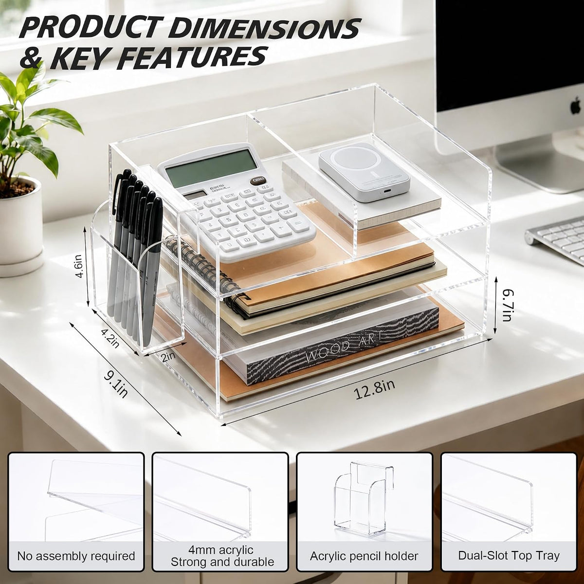 Clear Acrylic Desk Organizer with Pencil Holder – Paper Tray Office Storage