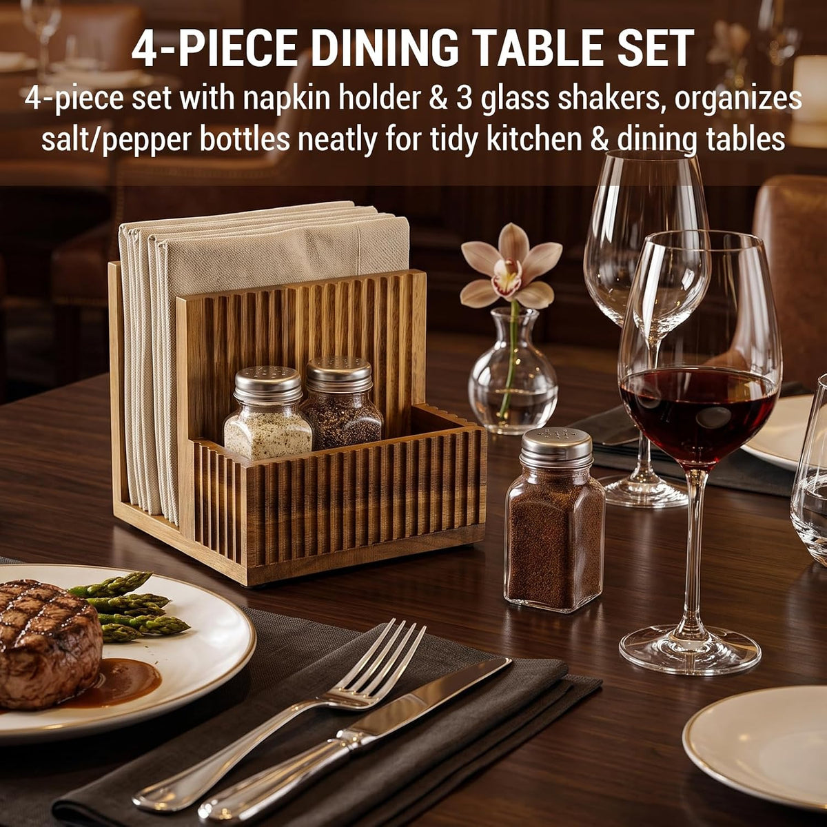 MyGift 4-Piece Fluted Acacia Wood Dining Table Organizer Set – Napkin Holder, Salt and Pepper Shakers and Condiment Caddy, Rustic Kitchen Table Decor
