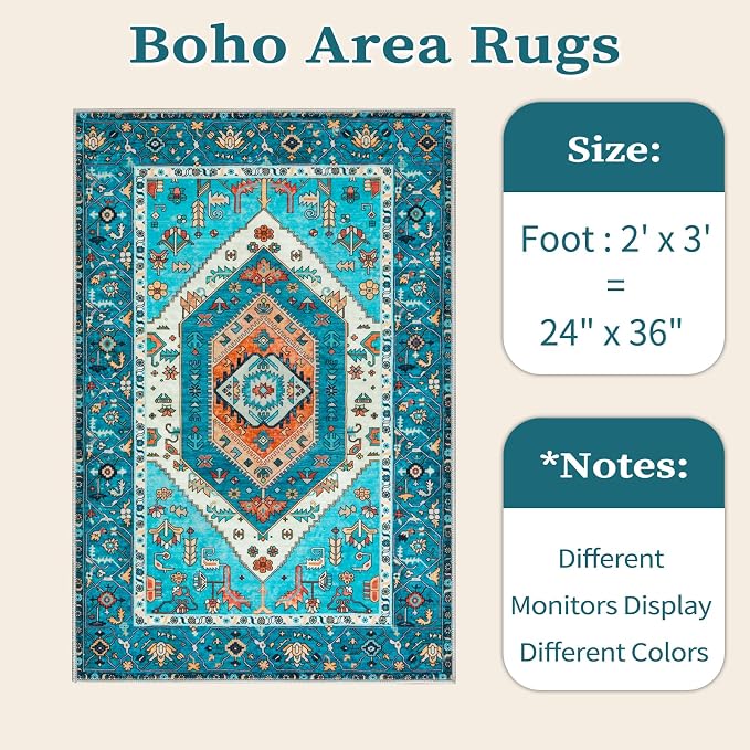 SERISSA Boho Rugs for Entryway, 2x3 Blue Entryway Rug Non-Slip Washable Small