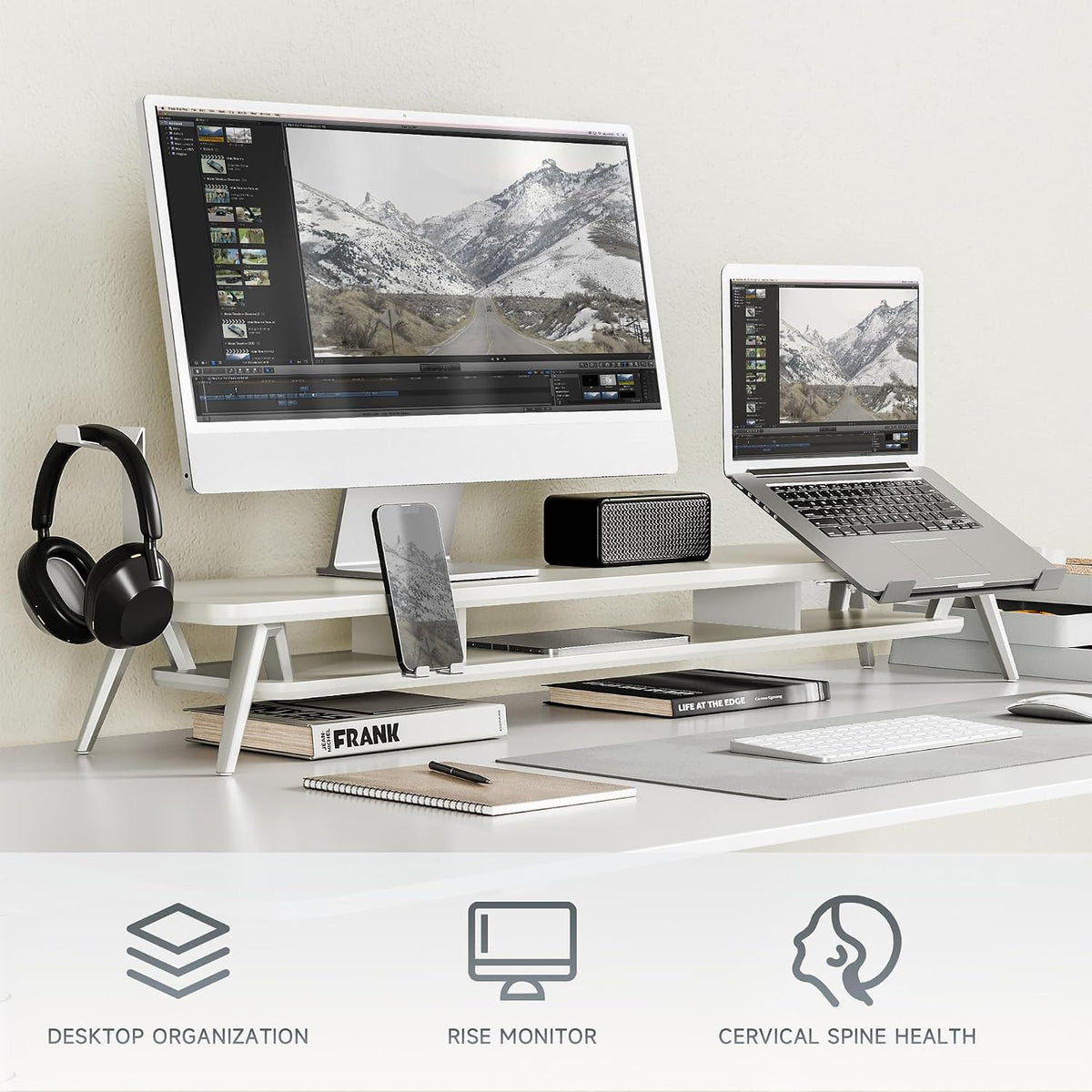 Fenge 42.5-Inch Monitor Stand Riser with Laptop, Phone & Headphone Holders