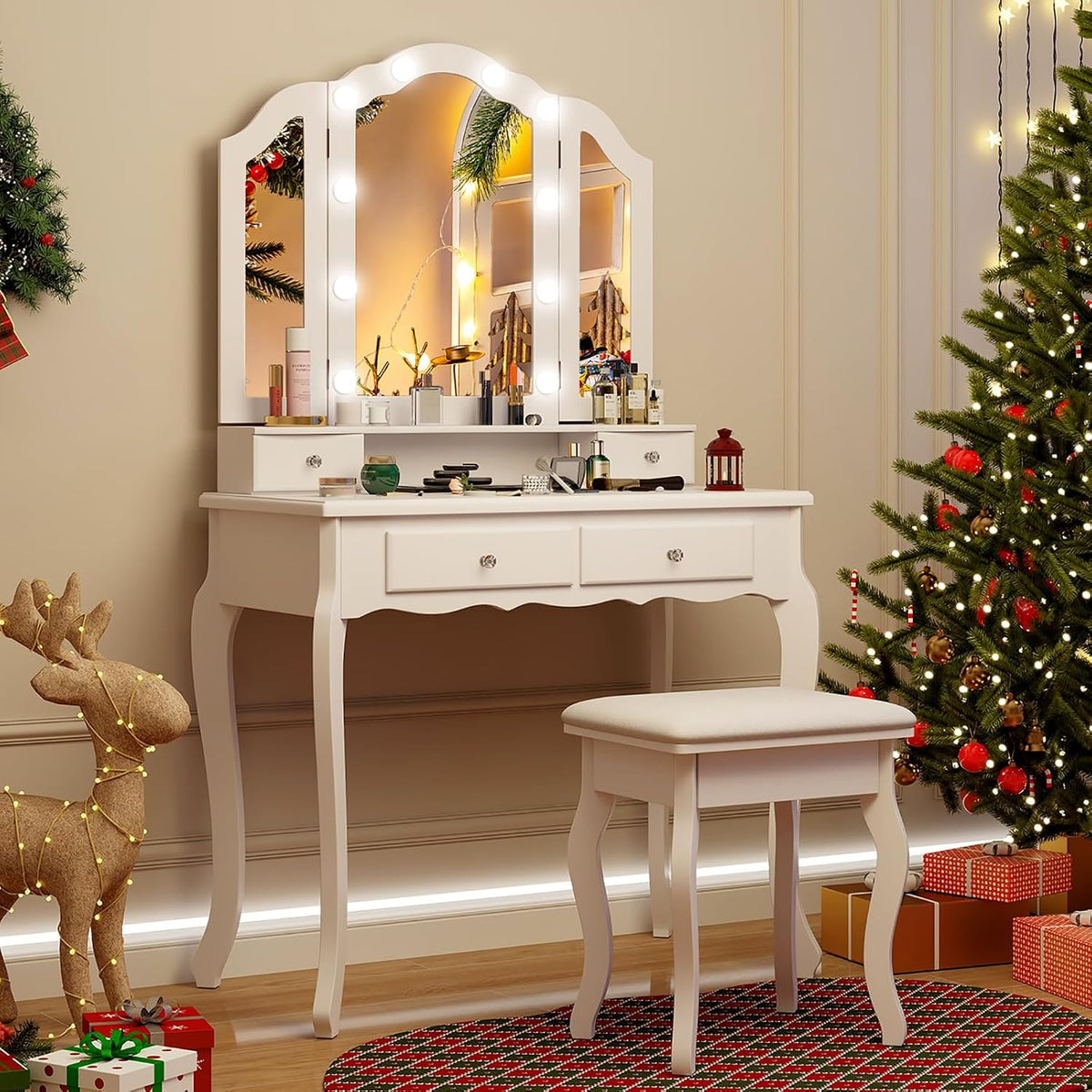 CHARMAID Vanity Desk with Mirror and Lights, Tri-Folding Lighted Mirror