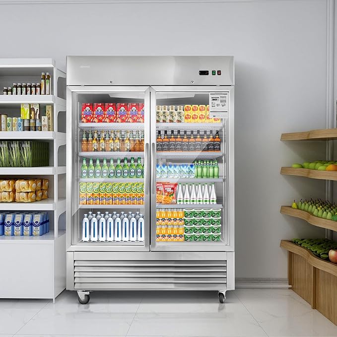 JINSONG Commercial Beverage Fridge Display Refrigerator, 54" Wide, Glass Door Refrigerator, Stainless Steel Beverage Cooler with LED Lighting & 8 Shelves for Restaurant, Office, Shop, Bar, 49 Cu.ft