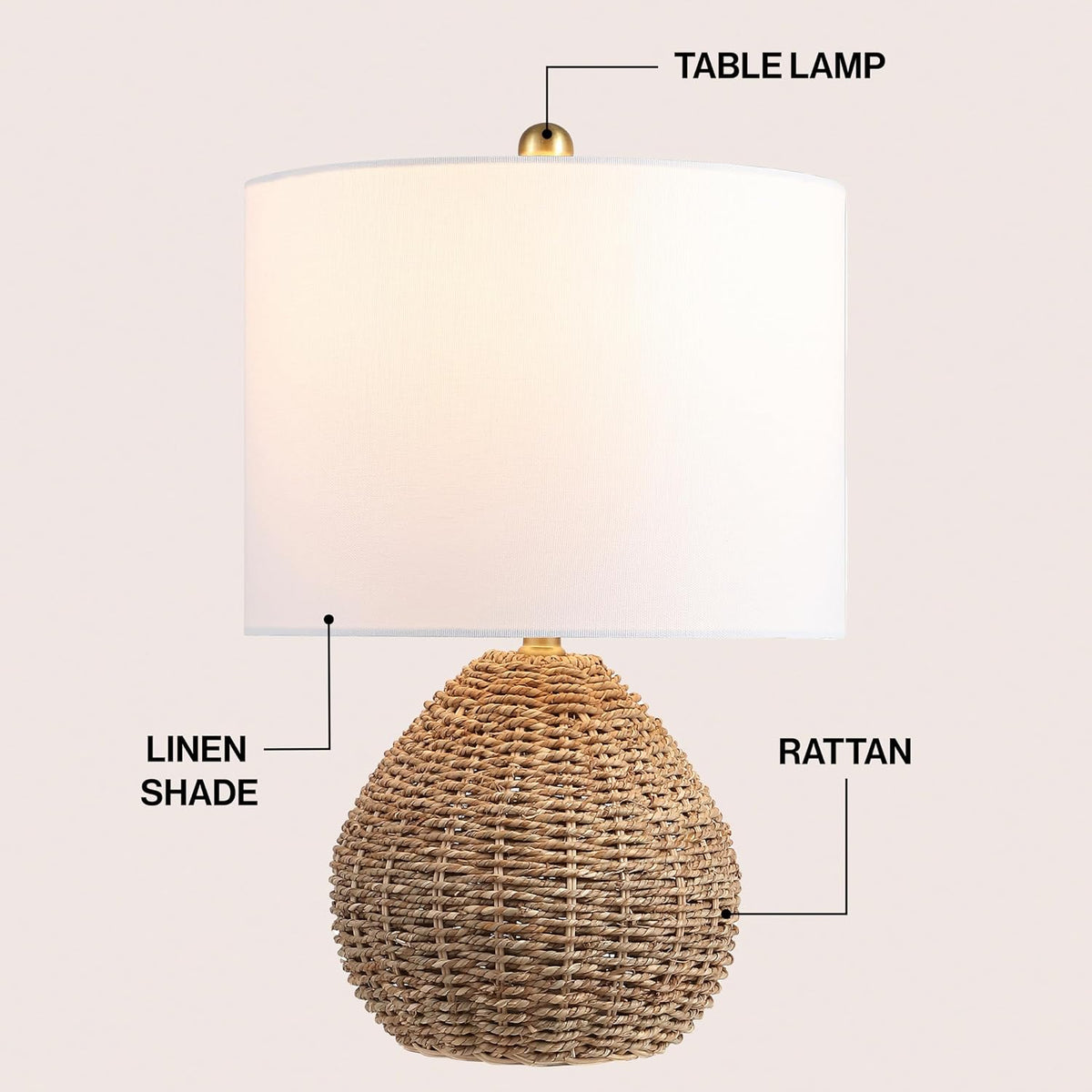 JONATHAN Y Kona 20.5" Rattan and Metal Table Lamp, Brown/Brass Gold