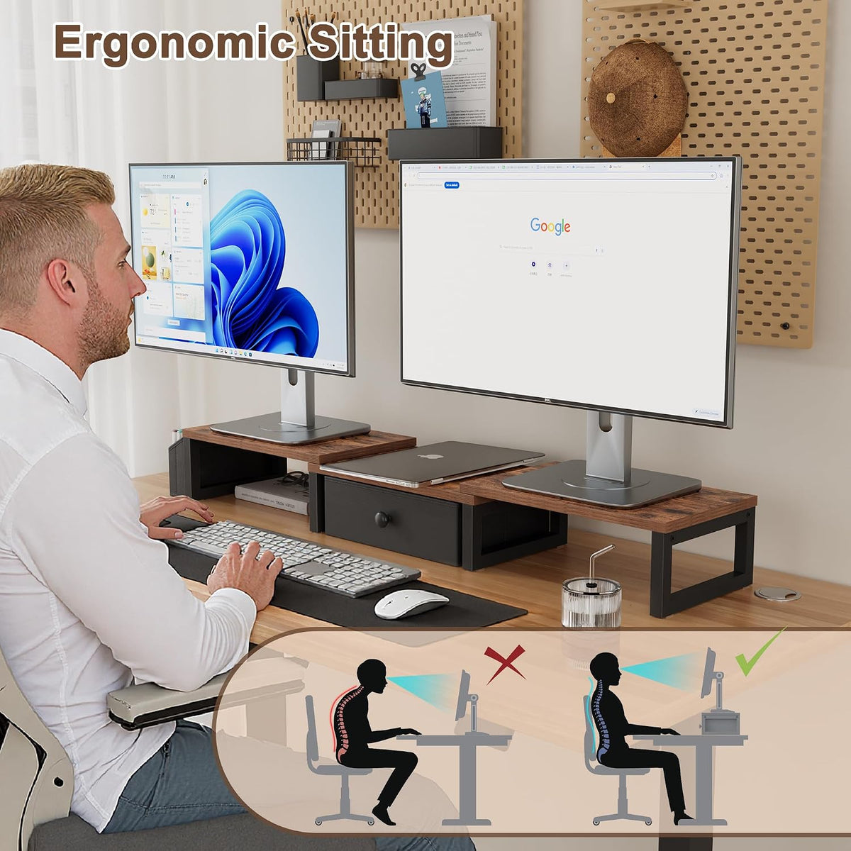 LAND·VOI Heavy Duty Dual Monitor Stand, Holds 2 Screens Up to 27 Inches, Adjustable Length and Angle Monitor Riser, Desk Organizer with Side Pockets and Drawers, Home Office Desk Storage, Rustic Brown