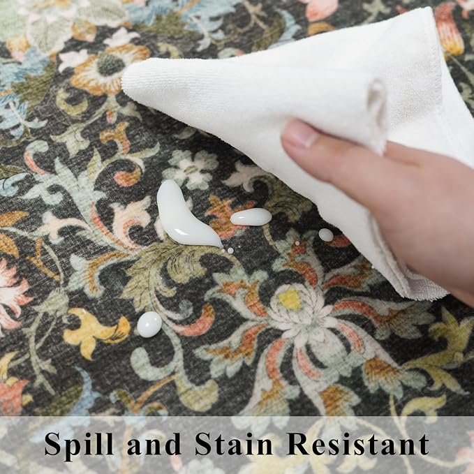 Washable 4x6 Bedroom Rug for Family: Non-Slip Floral Small Carpet for Living